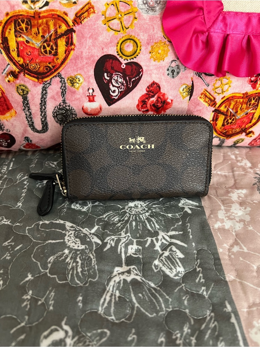 COACH Brown Signature Zip Card Case with Gold Logo